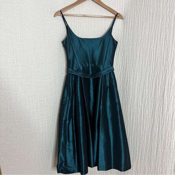 Maggy London Deep Teal Spaghetti Strap Fit-and-Flare Dress Bow Accent Size 2 - Picture 4 of 6